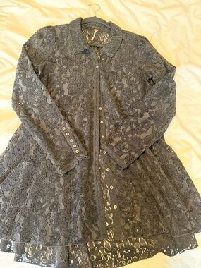 Free People Black Lace Button-Front Tunic